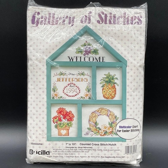 Bucilla Gallery of Stitches Welcome Cross‑Stitch Hutch Kit 14‑Count 7×10 in - Picture 1 of 5